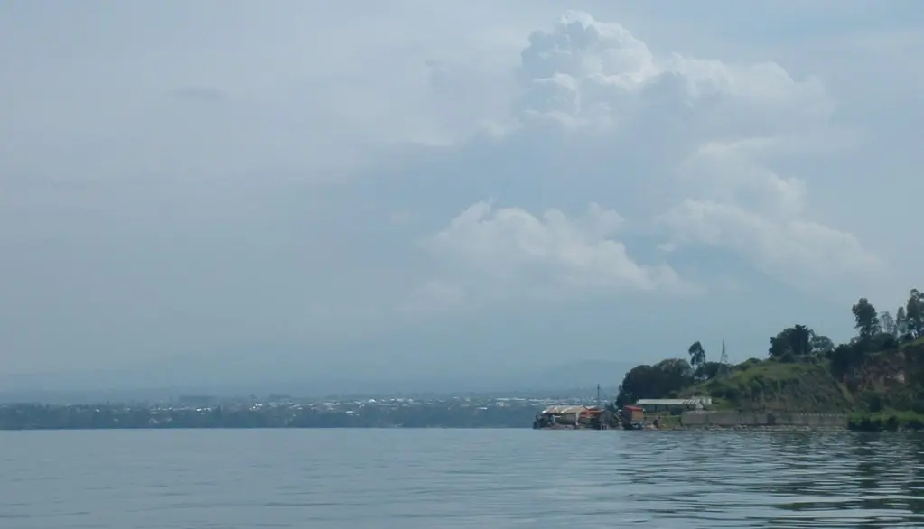 View of Lake Kivu, City of Goma and Mt Nyiragongo volcano