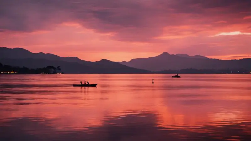 Boat on calm water at dusk
