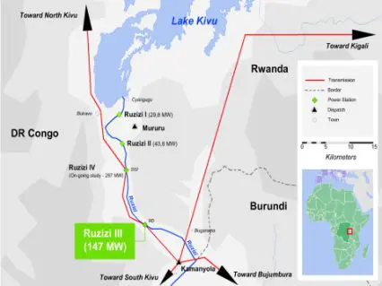 Map of the Ruzizi River cascade below Lake Kivu showing run-of-river hydro projects