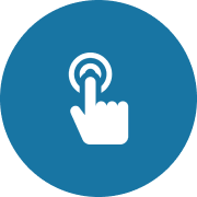 A close-up of a circular blue app icon featuring a stylized white hand icon