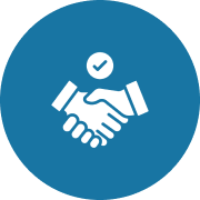 A circular blue icon containing a white illustration of two hands shaking with a small white checkmark above the handshake.