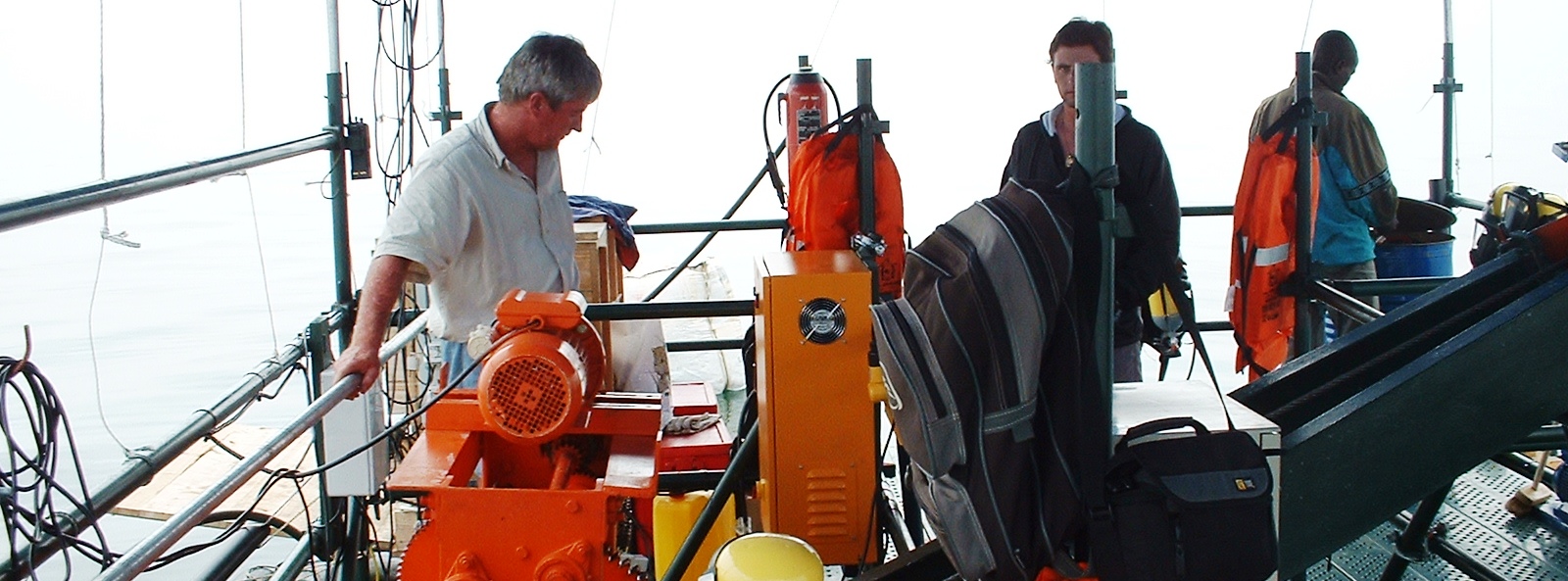Hydragas Energy - Unusual Design. Crew on deck during gas testing of the pilot project on 30 Januray 2004