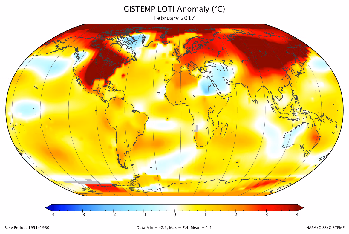World Map showing NASA Climate Change Temperature Anomalies in 2017