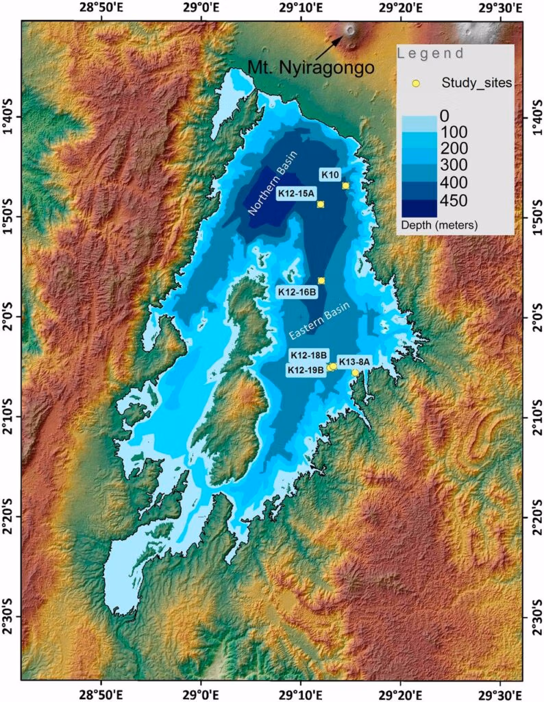 Contour Map of Lake Kivu with Colour-coded Contours of Mountains and Lake Depths