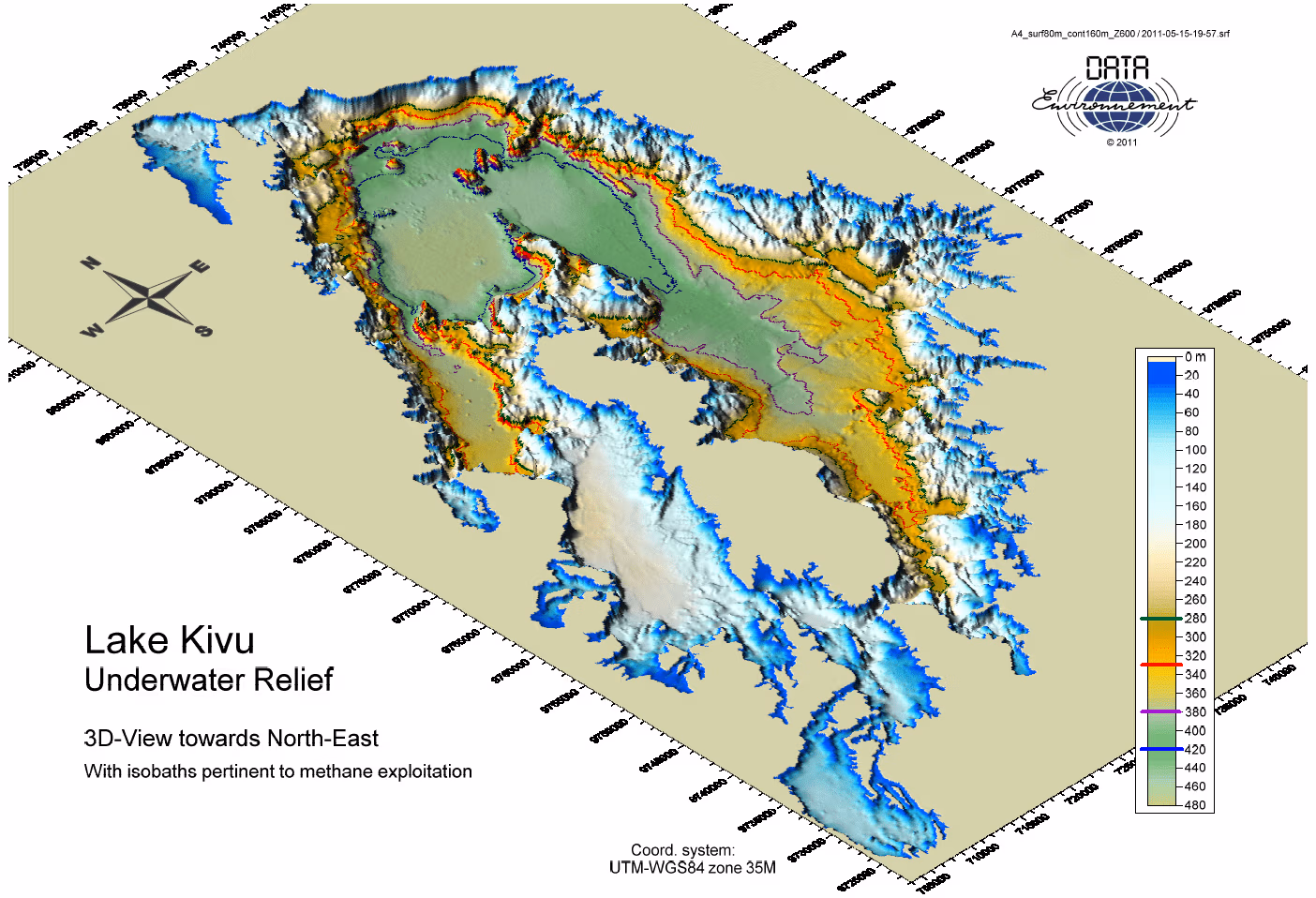 Lake Kivu Bathymetric view showing productive basined as a 3D Projection from the South East