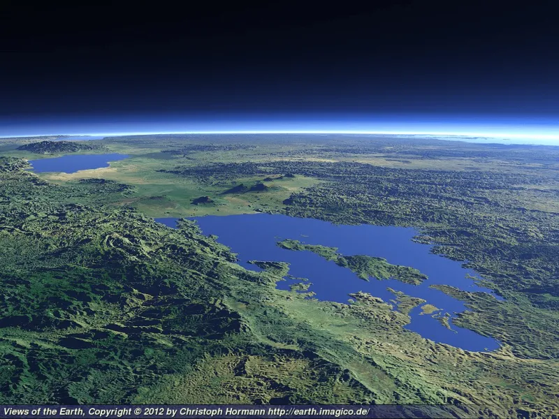 Lakes, mountains, and land from orbit