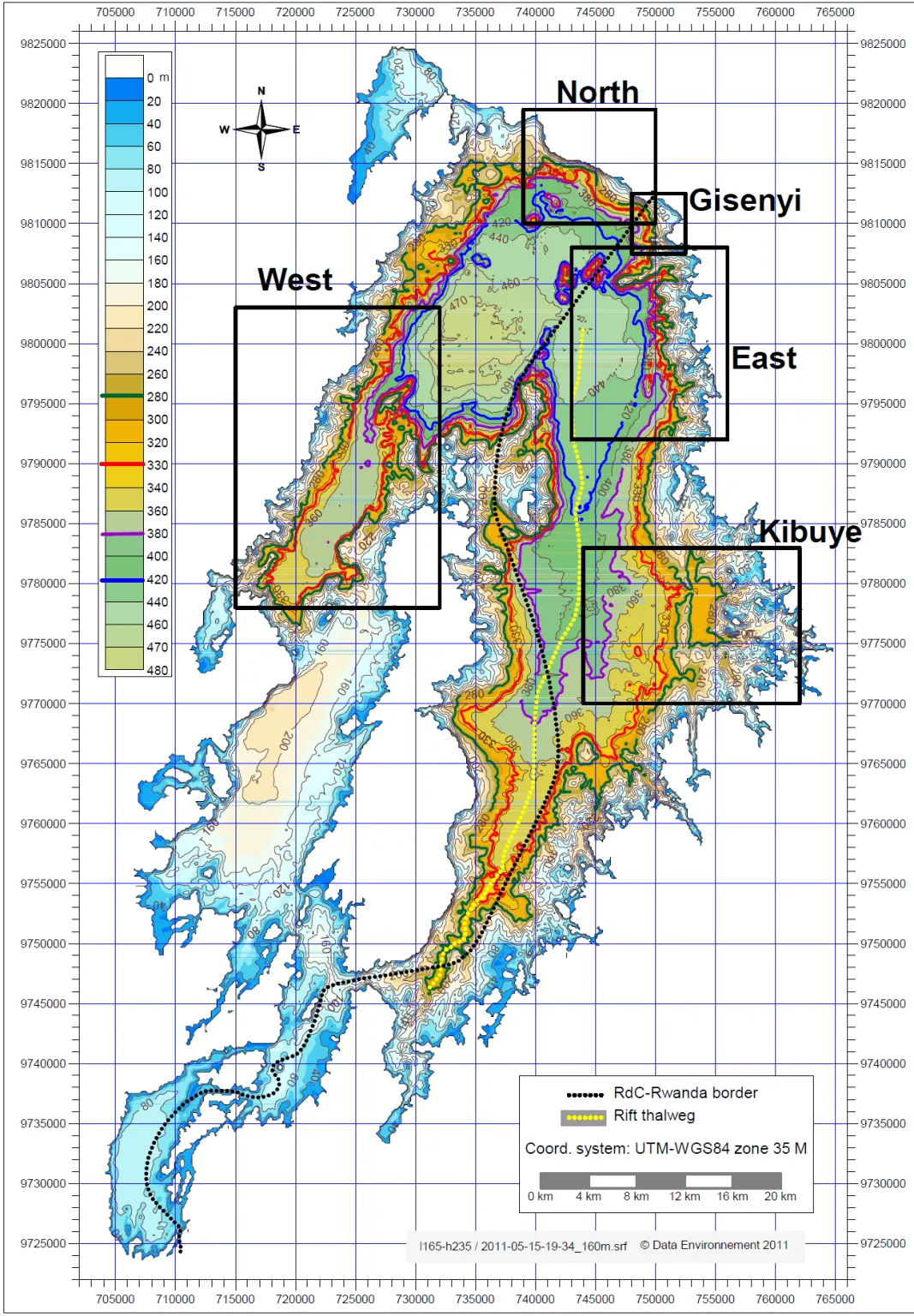 Lake Kivu depth contour map