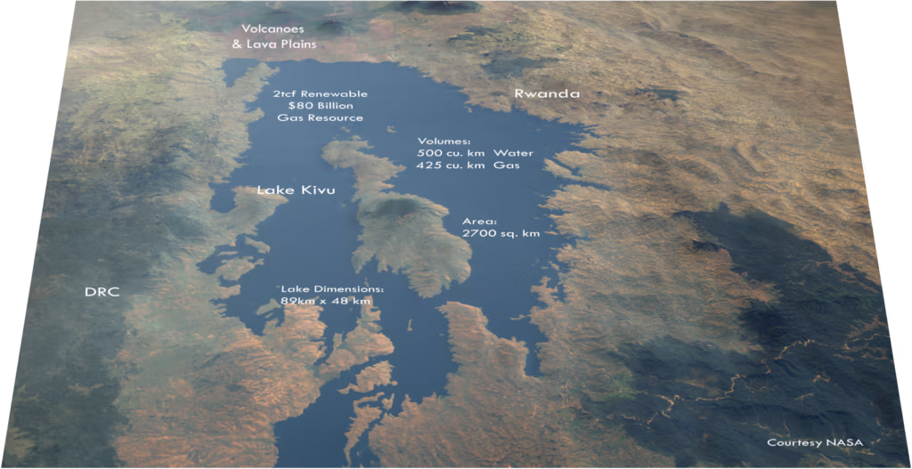 Satellite view of Lake Kivu labeled with geography, dimensions, and natural gas resource statistics.