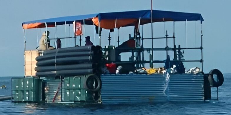 Makeshift raft with canopy on water